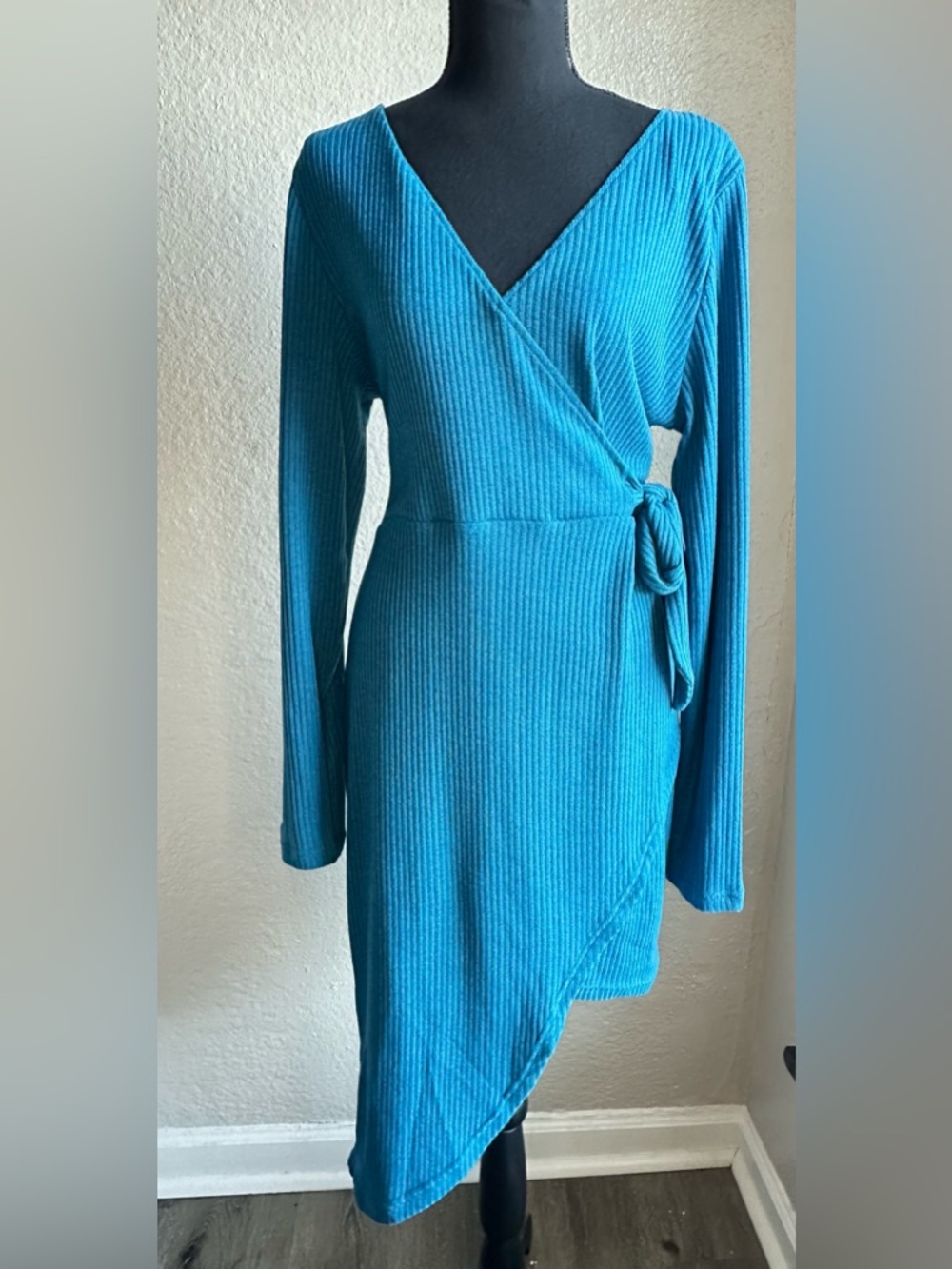 Teal Ribbed Wrap Long-Sleeve Dress with Side Tie